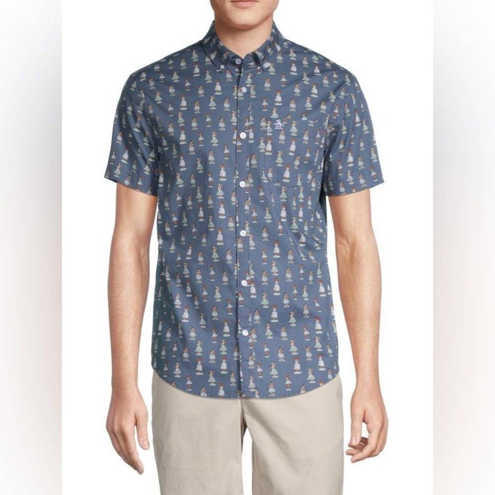 Penguin Blue Hula Dancer Patterned Short Sleeve Button Front Collared Shirt Mens - Picture 9 of 11